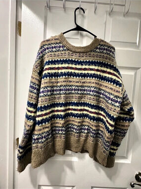 Pull & Bear Striped Crew Neck Sweater in Brown & Blue Size Large